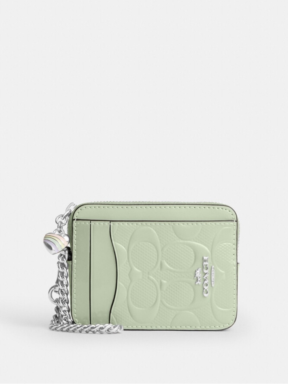 Coach Light Green Embossed Card Case with Chain and Charm